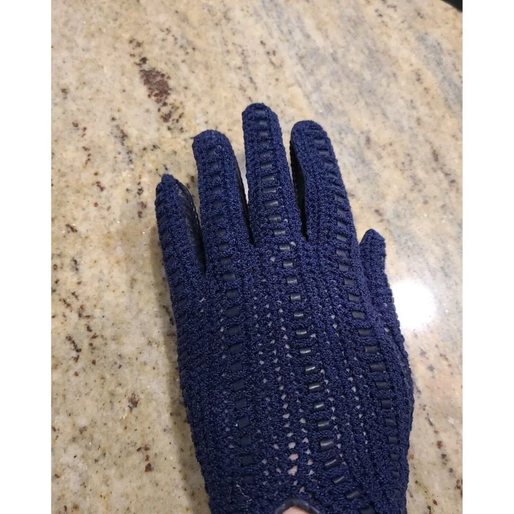 Vintage Size M 7 Blue Leather And Knit Handmade Gloves Hammer Of Hollywood